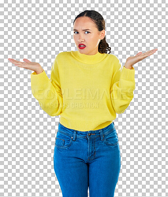 Buy stock photo Portrait, confused and frustrated, woman isolated on transparent png background with question of choice and emoji gesture. Gen z girl, model with hands up and why with doubt, uncertainty and decision