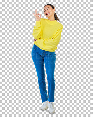 Buy stock photo Ok, hands and portrait of happy woman in fashion standing isolated on a transparent PNG background. Female person or model smile and okay in success, agreement and support with yes emoji or thank you