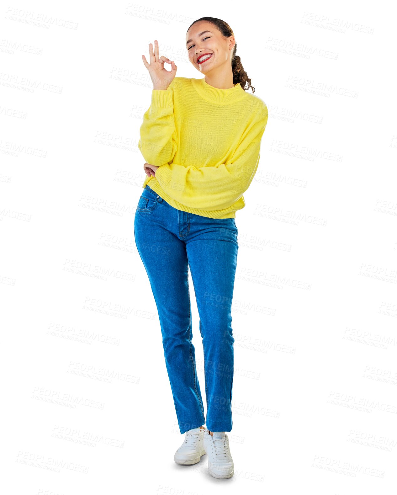 Buy stock photo Ok, hands and portrait of happy woman in fashion standing isolated on a transparent PNG background. Female person or model smile and okay in success, agreement and support with yes emoji or thank you