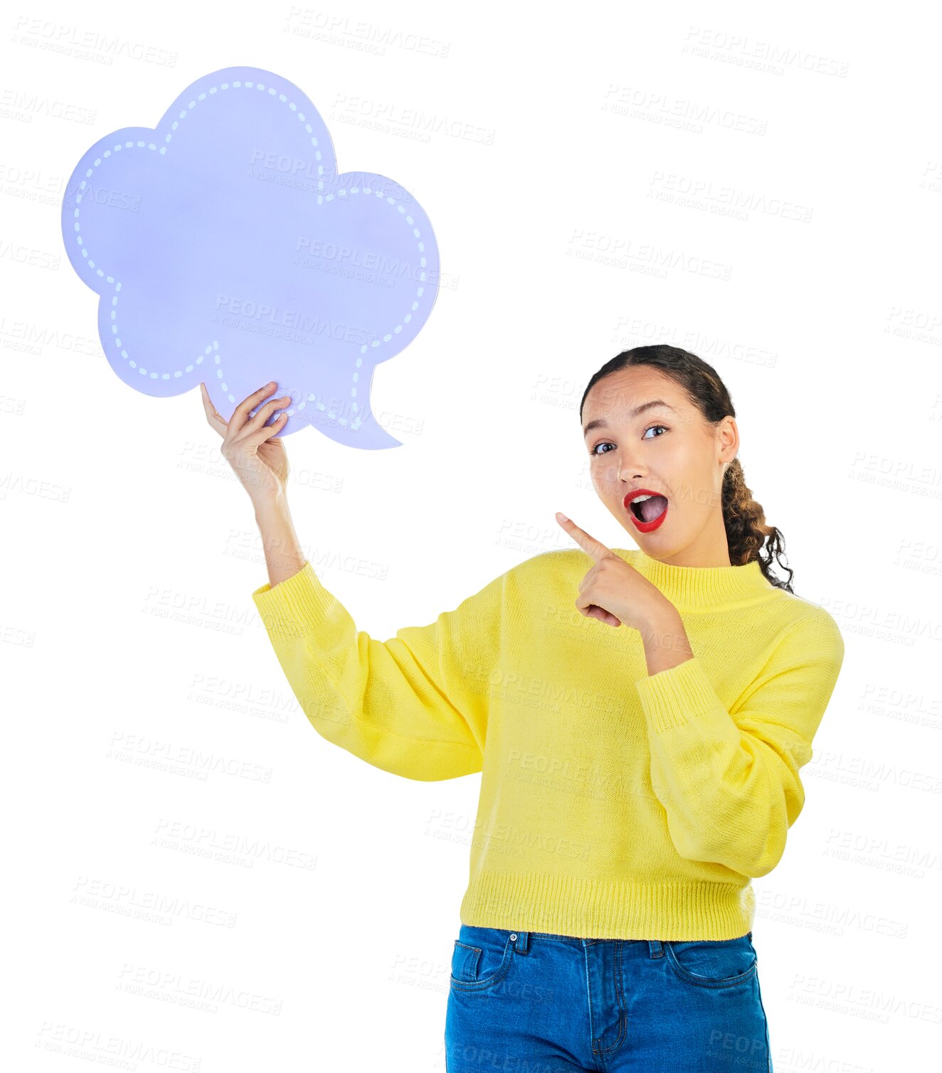 Buy stock photo Speech bubble, portrait and woman wow, chat or social media, college news or university forum. Student or person surprise for communication mockup or quote sign isolated on transparent png background