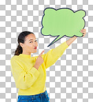 Woman, pointing and speech bubble portrait for question, social media or faq communication. Young female model with a sign or space for marketing, idea or opinion on a white studio background