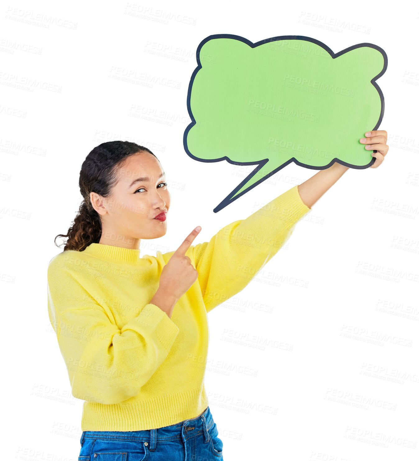 Buy stock photo Woman, portrait and speech bubble on social media, university FAQ and communication or presentation. Young person pointing, chat sign or mockup of college ideas isolated on transparent png background