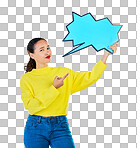 Speech bubble, confused and woman pointing to chat, social media opinion and confused for translation in portrait. Gen z person with doubt, question and language mockup or quote on studio background