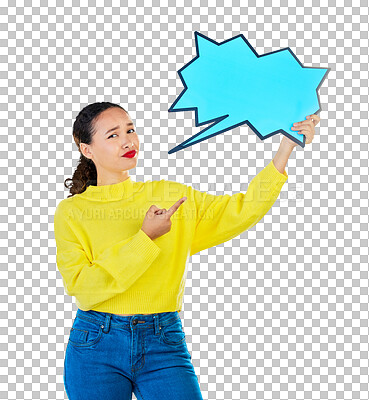 Buy stock photo Woman, pointing and speech bubble for social media, university FAQ and communication or presentation. Person, portrait and chat sign or mockup for college voice isolated on transparent png background