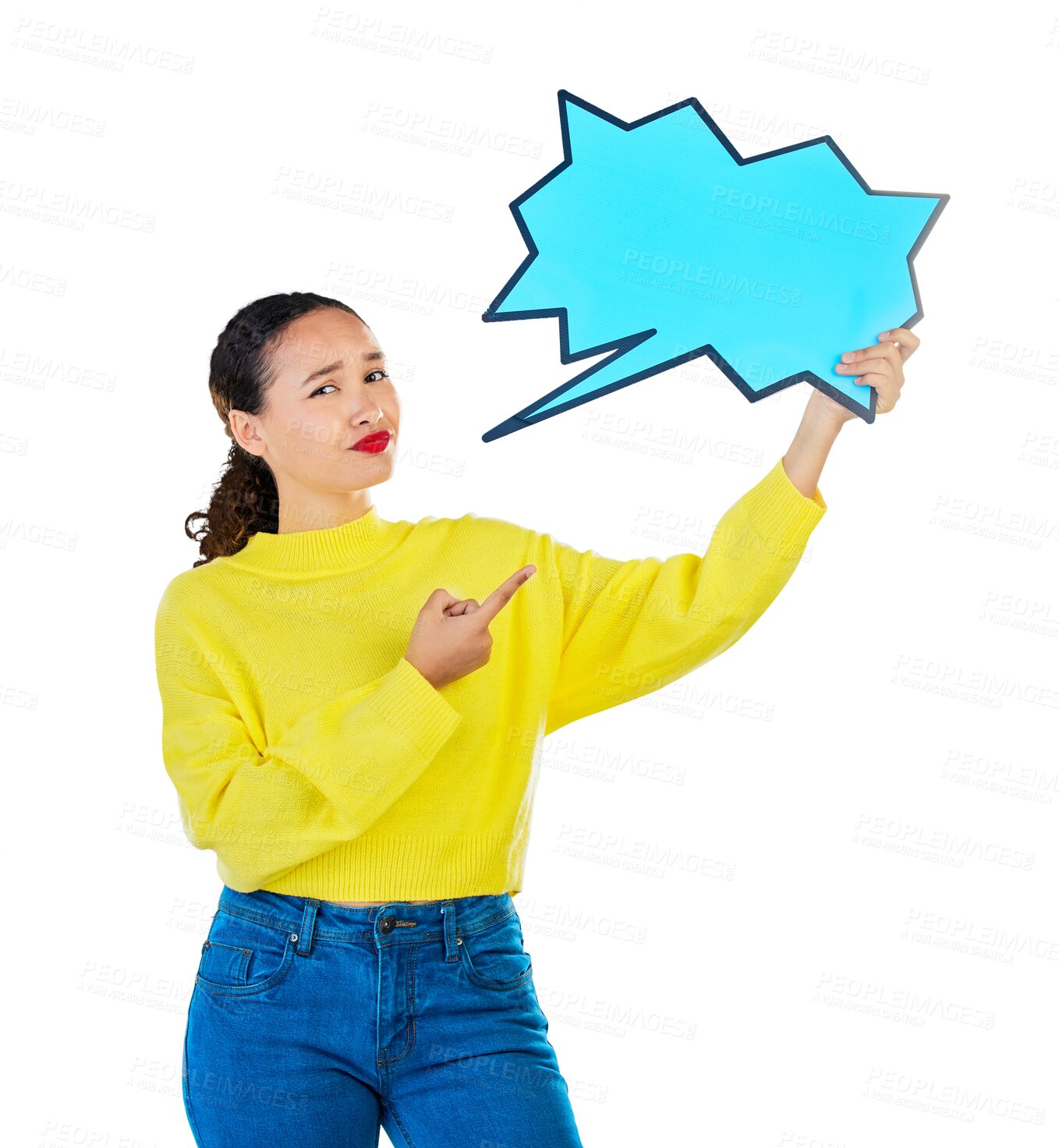 Buy stock photo Woman, pointing and speech bubble for social media, university FAQ and communication or presentation. Person, portrait and chat sign or mockup for college voice isolated on transparent png background