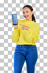 Phone screen, mockup and portrait of woman or student in university presentation, website or registration information. Happy person, mobile space of college, contact or ux design on studio background