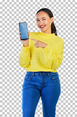 Buy stock photo Woman, student portrait and phone screen or mockup with university presentation, website and online information. Happy person on mobile app for college contact isolated on transparent,png background