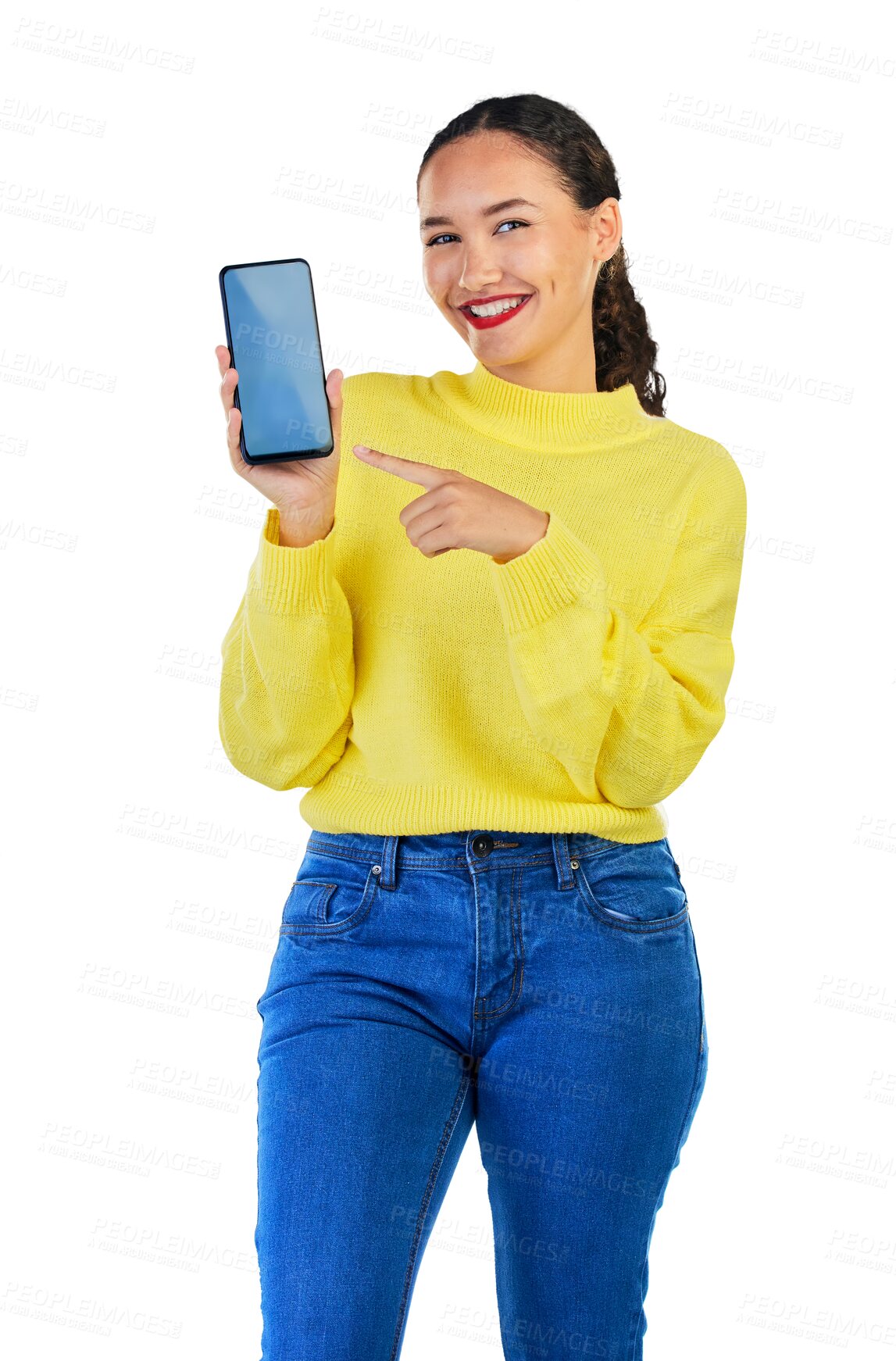 Buy stock photo Woman, student portrait and phone screen or mockup with university presentation, website and online information. Happy person on mobile app for college contact isolated on transparent,png background