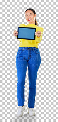 Buy stock photo Woman, student and tablet, screen or mockup of university presentation, website or education information. Portrait of person on digital technology or e learning isolated on transparent png background