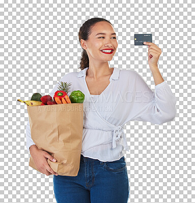 Buy stock photo Woman, credit card and groceries for online shopping for fruits and vegetables isolated on transparent png background. Customer or person with paper bag, food payment and e commerce, fintech or sale