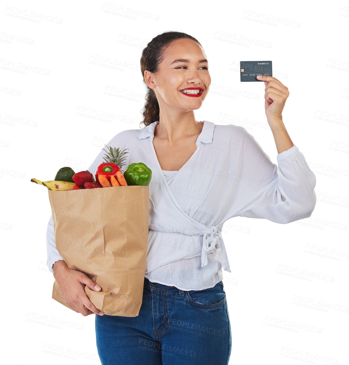 Buy stock photo Woman, credit card and groceries for online shopping for fruits and vegetables isolated on transparent png background. Customer or person with paper bag, food payment and e commerce, fintech or sale