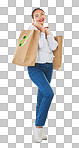 Recycle logo, environment and woman with bag, sustainability with shopping isolated on white background. Environmental, retail and eco friendly, female person and sustainable development in studio