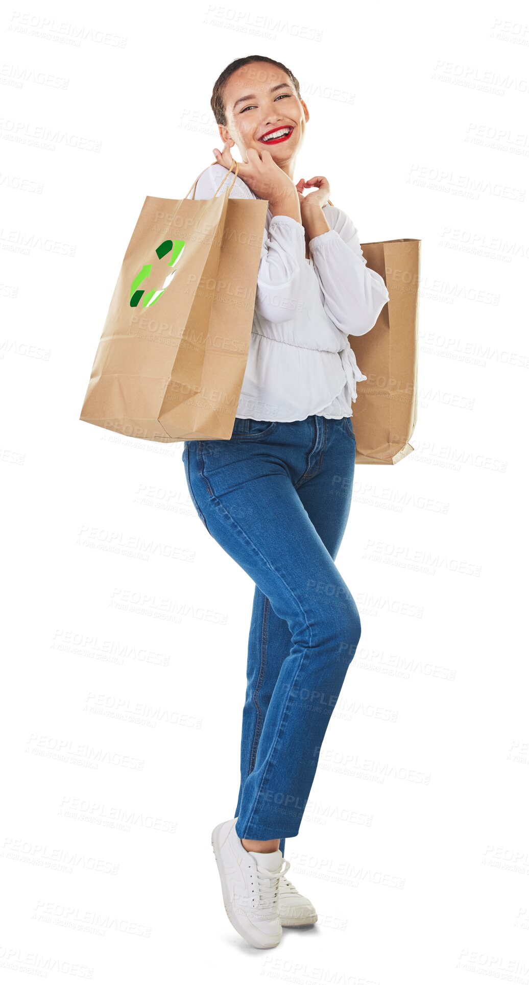 Buy stock photo Recycle logo, environment and woman with bag for shopping, discount or sale isolated on a transparent PNG background. Portrait of happy female person or shopper in retail with eco friendly paper bags