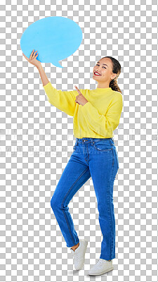 Buy stock photo Speech bubble, woman voice and student presentation, chat or communication for college opportunity or forum. Portrait of person pointing to quote or FAQ mockup isolated on transparent png background