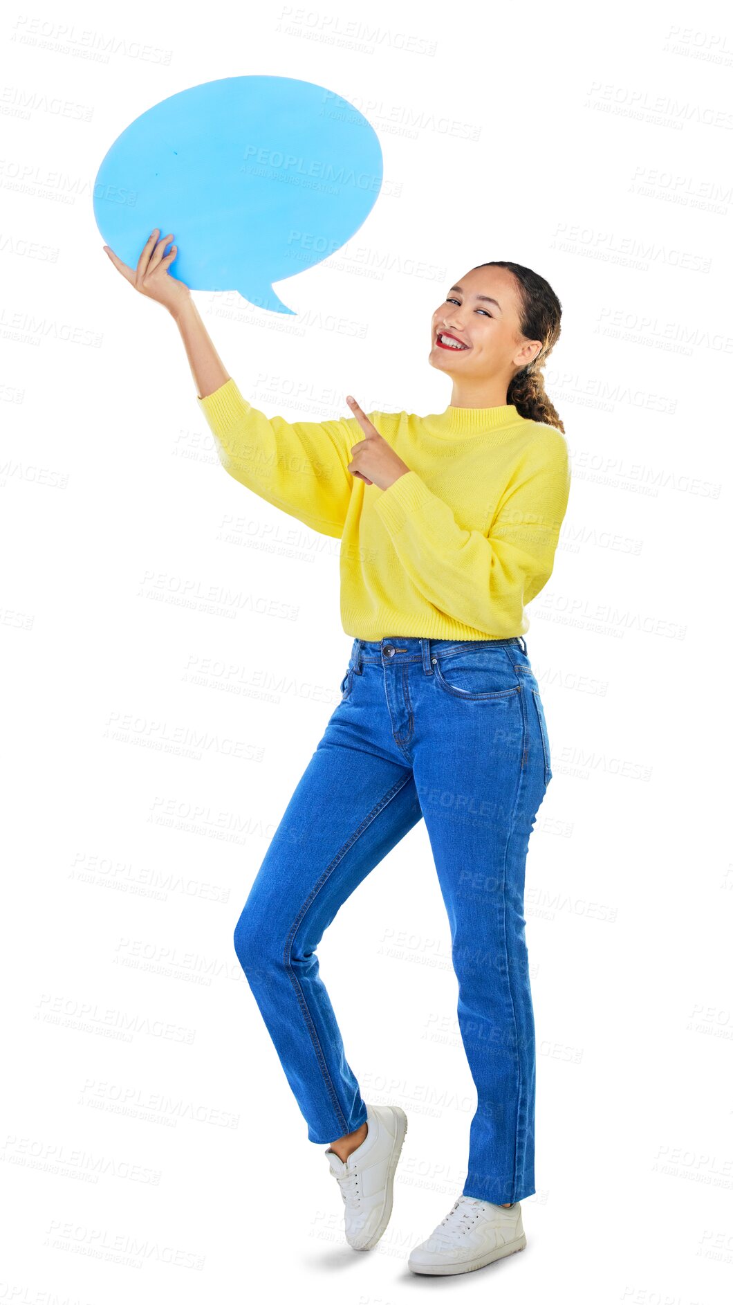 Buy stock photo Speech bubble, woman voice and student presentation, chat or communication for college opportunity or forum. Portrait of person pointing to quote or FAQ mockup isolated on transparent png background