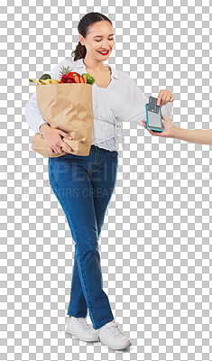 Buy stock photo Woman, card machine and grocery shopping for business POS, fintech payment and digital finance. Food credit and people or cashier hands at online point of sale isolated on transparent png background