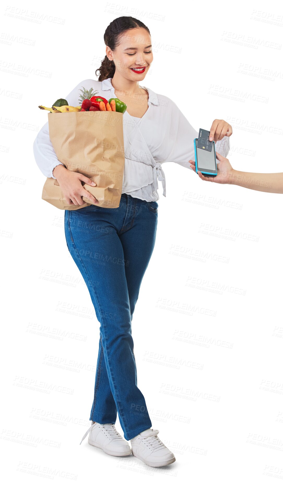 Buy stock photo Woman, card machine and grocery shopping for business POS, fintech payment and digital finance. Food credit and people or cashier hands at online point of sale isolated on transparent png background