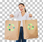 Recycle, environment and woman with bag, sustainability with shopping in portrait  and logo on white background. Environmental, retail and eco friendly, female person and carbon footprint in studio