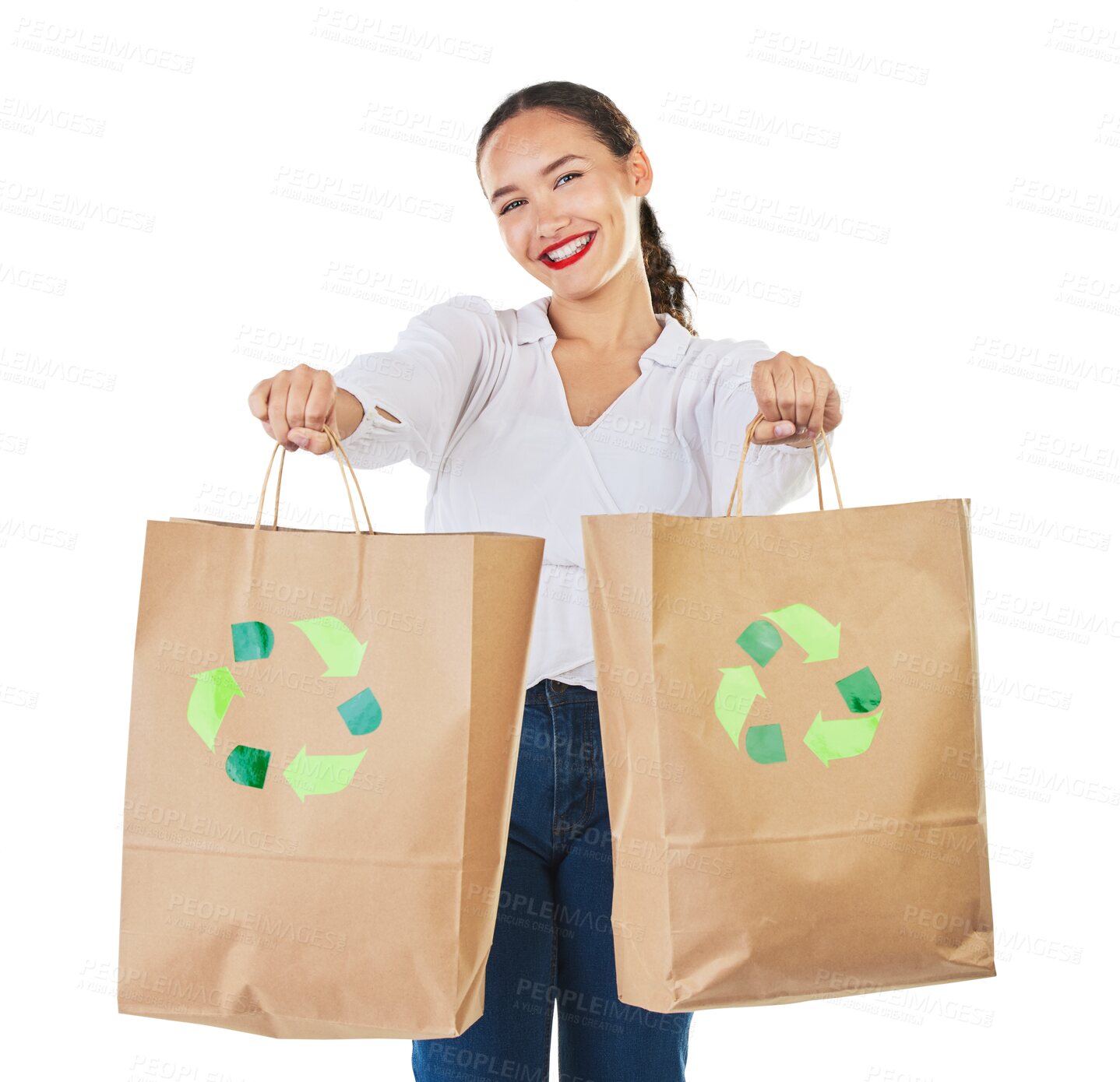 Buy stock photo Happy woman, recycling and shopping bags for eco friendly environment isolated on a transparent PNG background. Environmental, retail and excited female person or shopper with smile for discount sale