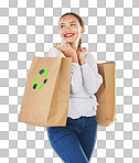 Recycling logo, environment and woman with bag, sustainability with shopping isolated on white background. Environmental, retail and eco friendly, female person and carbon footprint in studio