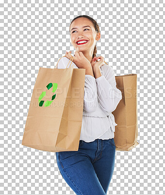 Buy stock photo Happy woman, recycling logo and environment with shopping bags isolated on a transparent PNG background. Environmental, retail and eco friendly female person or shopper with smile for discount sale