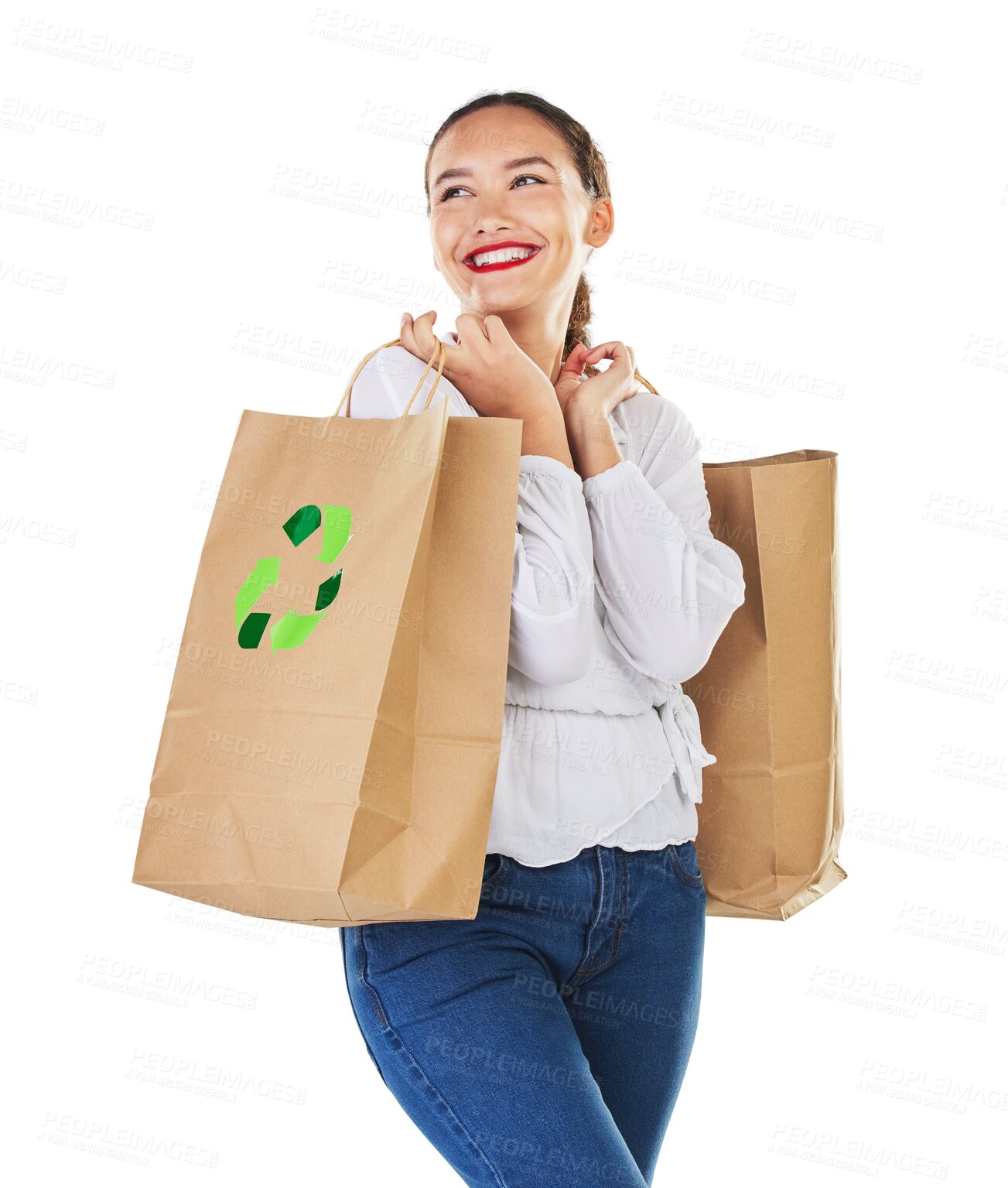 Buy stock photo Happy woman, recycling logo and environment with shopping bags isolated on a transparent PNG background. Environmental, retail and eco friendly female person or shopper with smile for discount sale