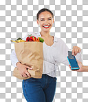 Card machine, groceries and woman in portrait for POS, shop payment and fintech or digital finance. Grocery shopping, credit and cashier hands, people and food bag, point of sale on studio background