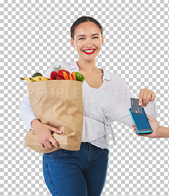 Buy stock photo Happy woman, credit card and groceries with POS for payment, shopping or fintech isolated on a transparent PNG background. Portrait of female person or shopper with paper bag of food for transaction