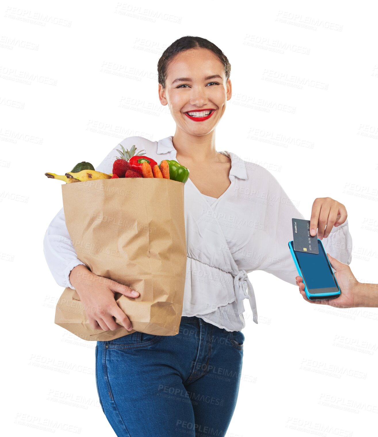 Buy stock photo Happy woman, credit card and groceries with POS for payment, shopping or fintech isolated on a transparent PNG background. Portrait of female person or shopper with paper bag of food for transaction