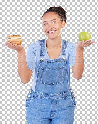 Happy, portrait and woman with burger, apple and choice in studio isolated on a blue background. Smile, fruit and person with sandwich, fast food or comparison for healthy diet, nutrition or wellness