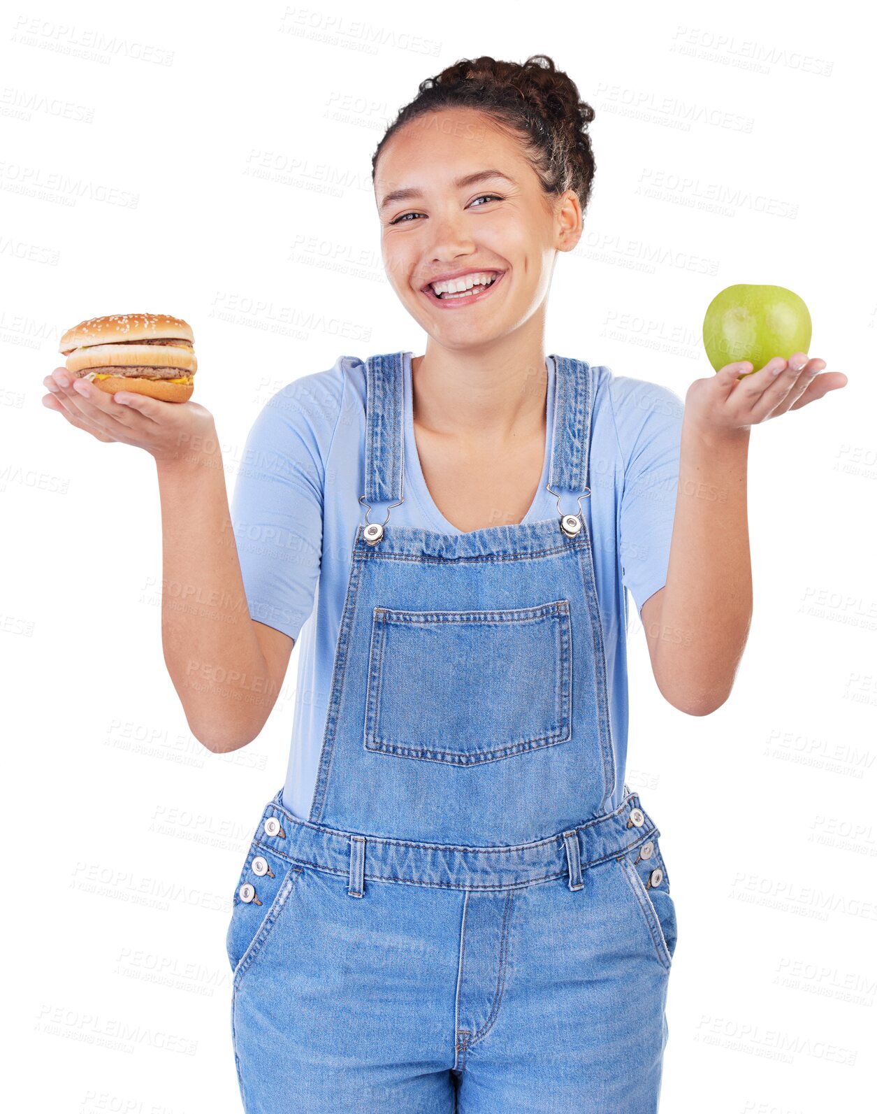 Buy stock photo Portrait, happy woman with burger and apple for comparison isolated on a transparent png background. Fruit, smile or person with hamburger, choice or fast food for healthy diet, nutrition or wellness