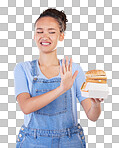 Burger, no and woman reject fast food choice and unhappy gives bad, disgust and frustrated review for diet protection. Disaster, mistake and person disappointed isolated in a studio blue background