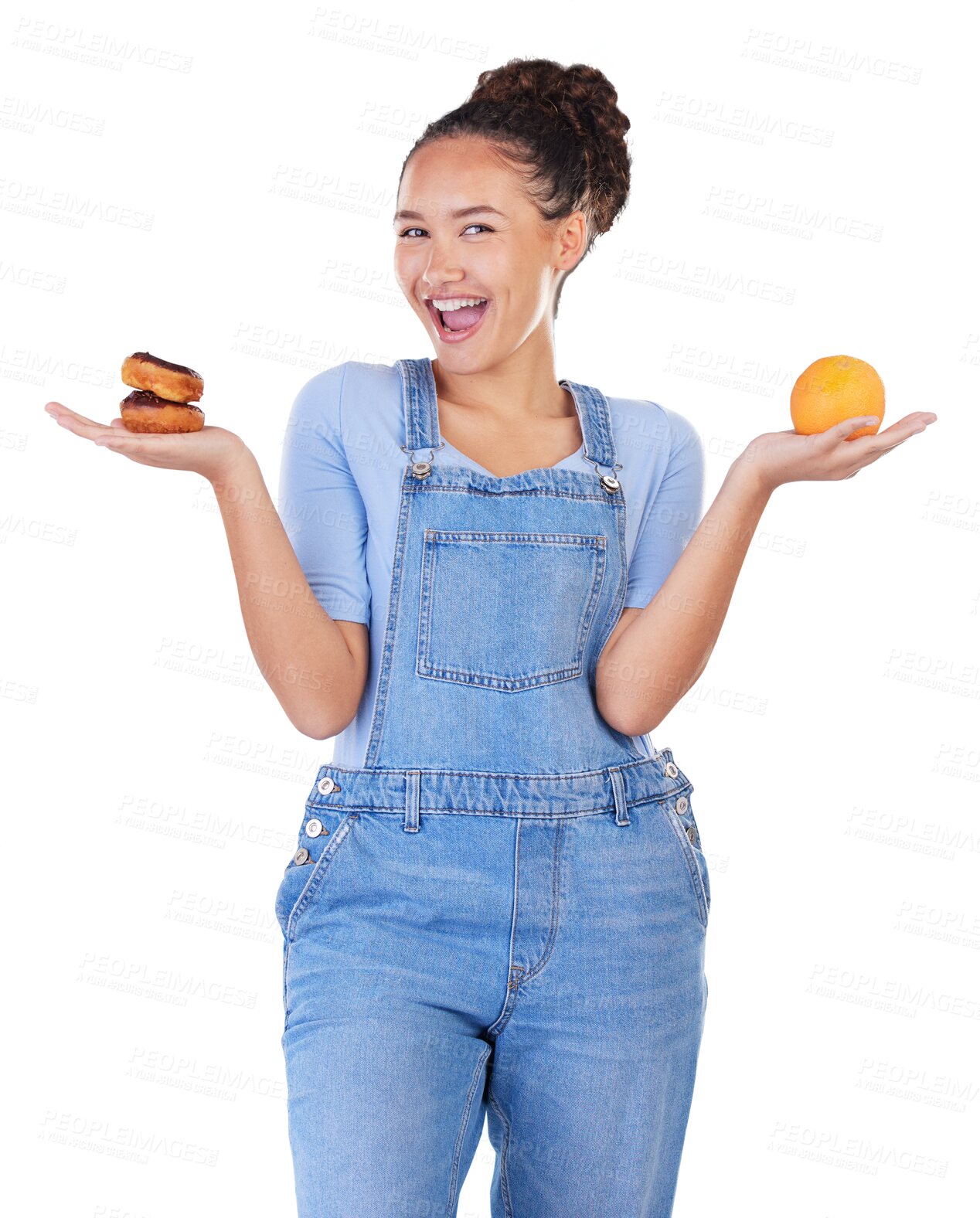 Buy stock photo Portrait, excited woman with donut and orange for choice isolated on transparent png background. Fruit, happy and person with doughnut, fast food or comparison for healthy diet, nutrition or wellness