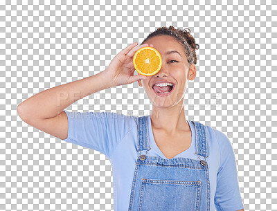 Buy stock photo Portrait, tongue out and woman with orange for vitamin C or healthy diet isolated on a transparent PNG background. Face, fruit and female person with food for natural nutrition, citrus or wellness