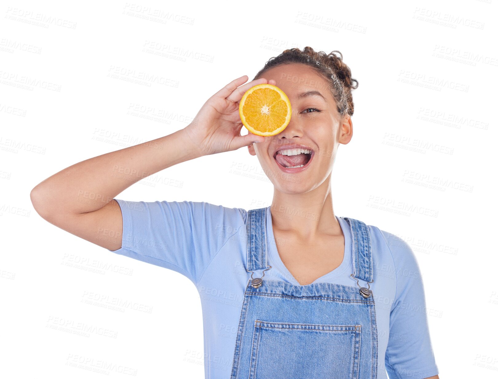 Buy stock photo Portrait, tongue out and woman with orange for vitamin C or healthy diet isolated on a transparent PNG background. Face, fruit and female person with food for natural nutrition, citrus or wellness