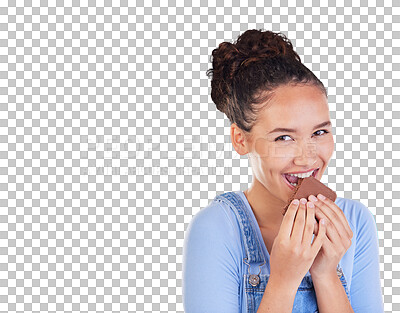 Chocolate, diet and donut with portrait of woman in studio for fast food, dessert and nutrition. Happy, cake and sugar with person eating on blue background for candy, health and hungry mockup