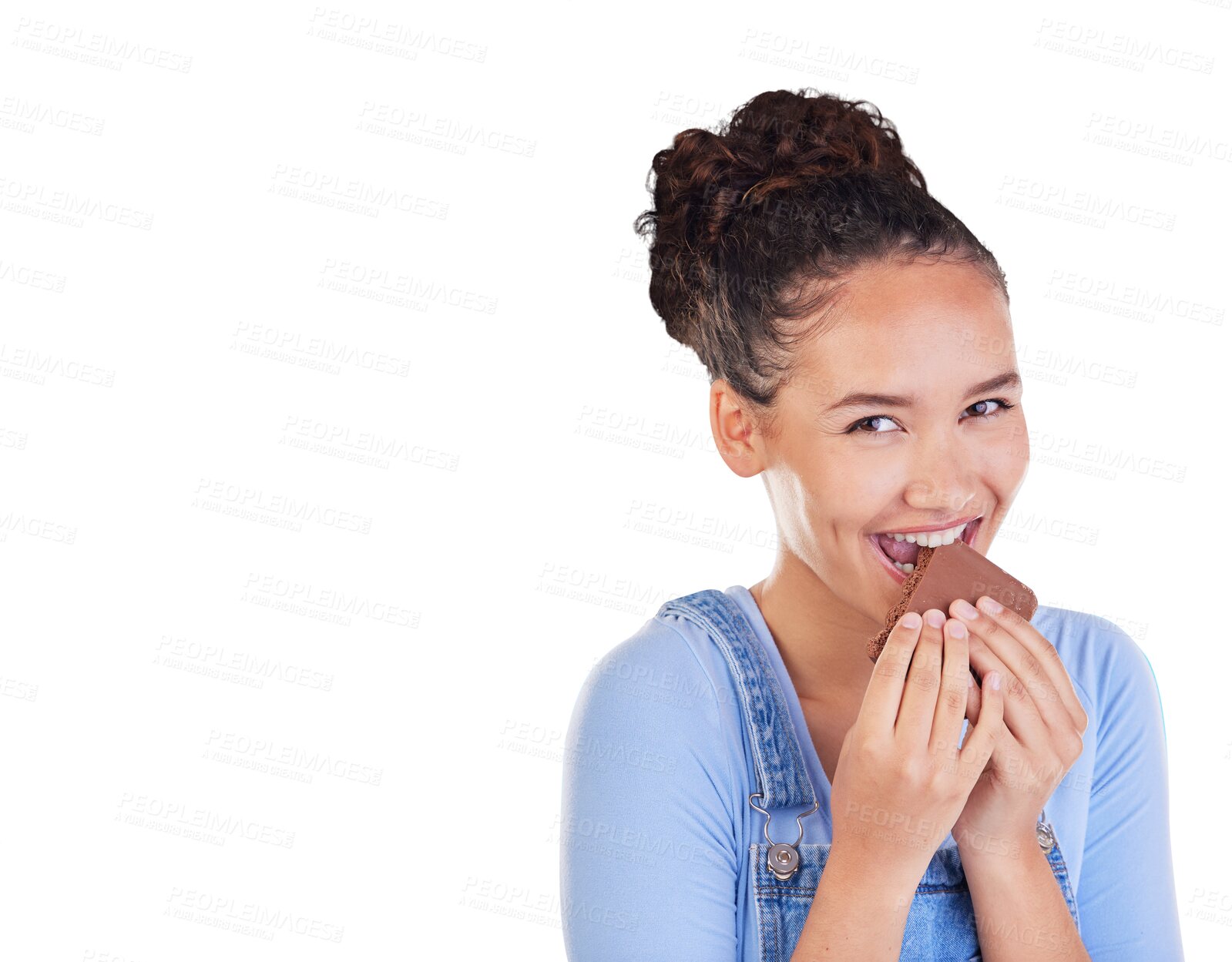 Buy stock photo Chocolate, eating and portrait of happy woman with candy isolated on a transparent png background, Food, dessert and face of person with cacao, sugar and hungry for confectionery sweets with smile.