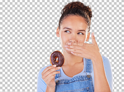 Chocolate, diet and donut with woman in studio for fast food, dessert and nutrition. Happy, cake and sugar with person eating on blue background for candy, health and hungry with mockup space