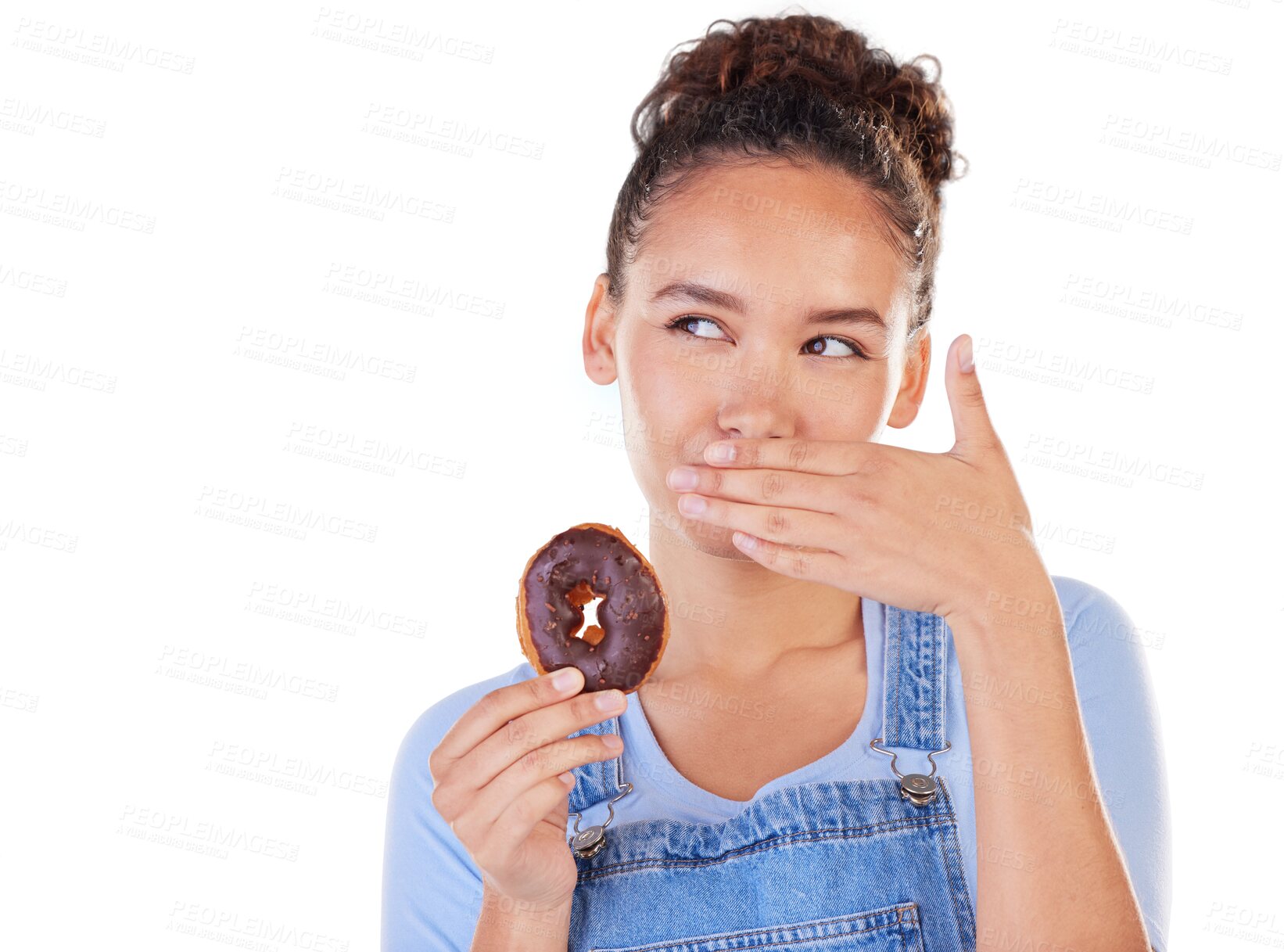 Buy stock photo Chocolate, donut and woman eating candy isolated on a transparent png background, Food, dessert and person with cacao doughnut, sugar and hungry for confectionery sweets while thinking of cake.