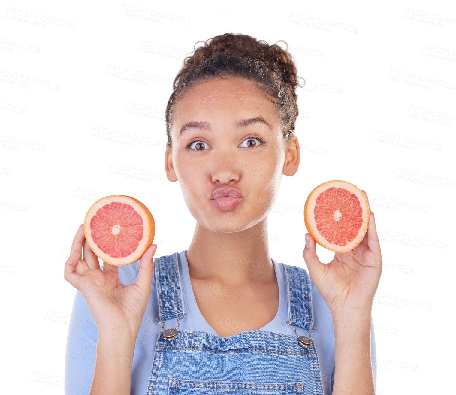 Buy stock photo Portrait, kiss and woman with grapefruit for vitamin C or healthy diet isolated on a transparent PNG background. Face, fruit and female person with food for natural nutrition, eating or wellness