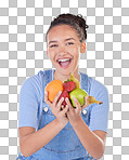 Happy, health and portrait of woman with fruit in studio for healthy eating, wellness and diet. Food, lose weight and female person on blue background with apple, orange and banana for nutrition