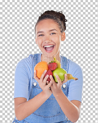 Happy, health and portrait of woman with fruit in studio for healthy eating, wellness and diet. Food, lose weight and female person on blue background with apple, orange and banana for nutrition