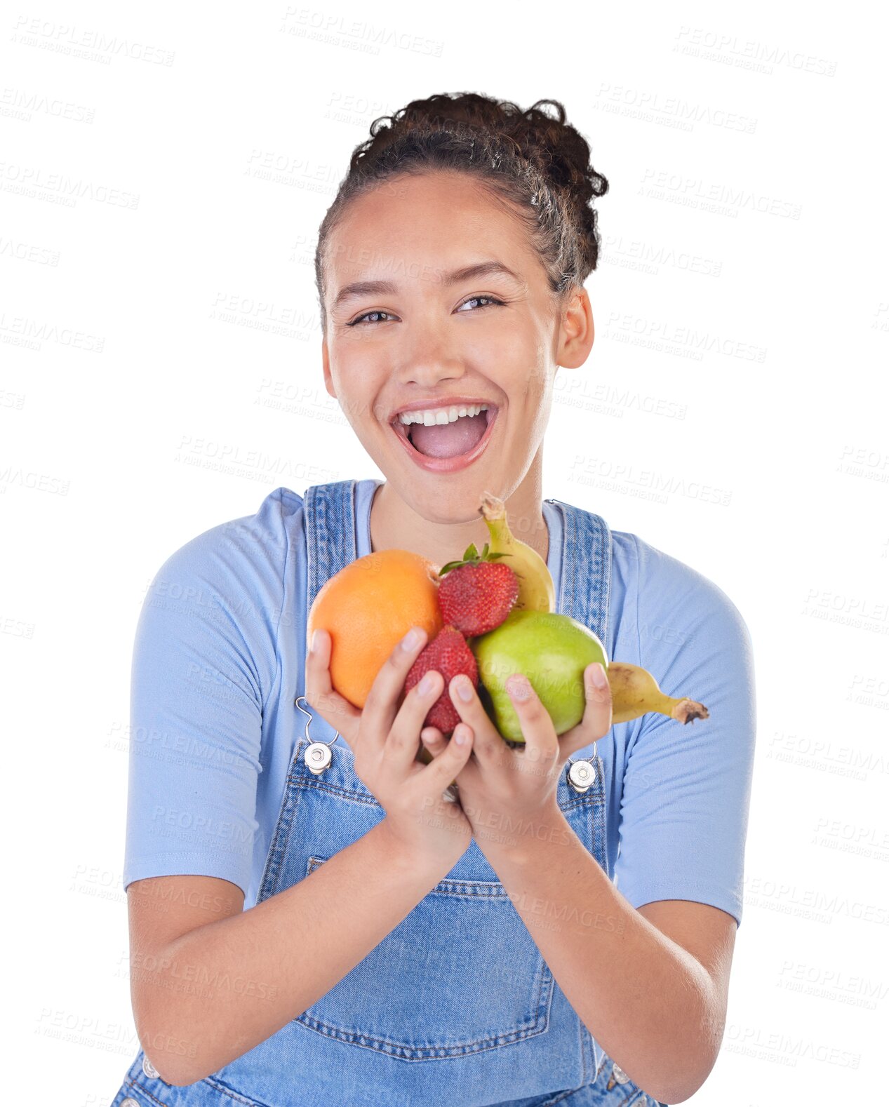 Buy stock photo Happy woman, portrait and fruit for vitamin C, diet or natural nutrition isolated on a transparent PNG background. Excited female person smile for lose weight or healthy wellness holding organic food