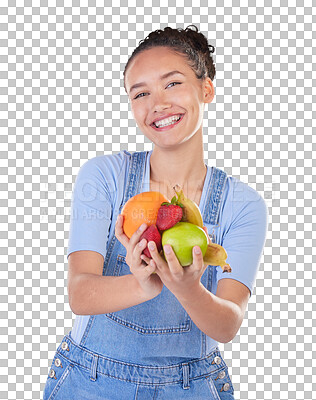 Happy, diet and portrait of woman with fruit in studio for healthy eating, wellness and wellbeing. Food, lose weight and female person on blue background with apple, orange and banana for nutrition