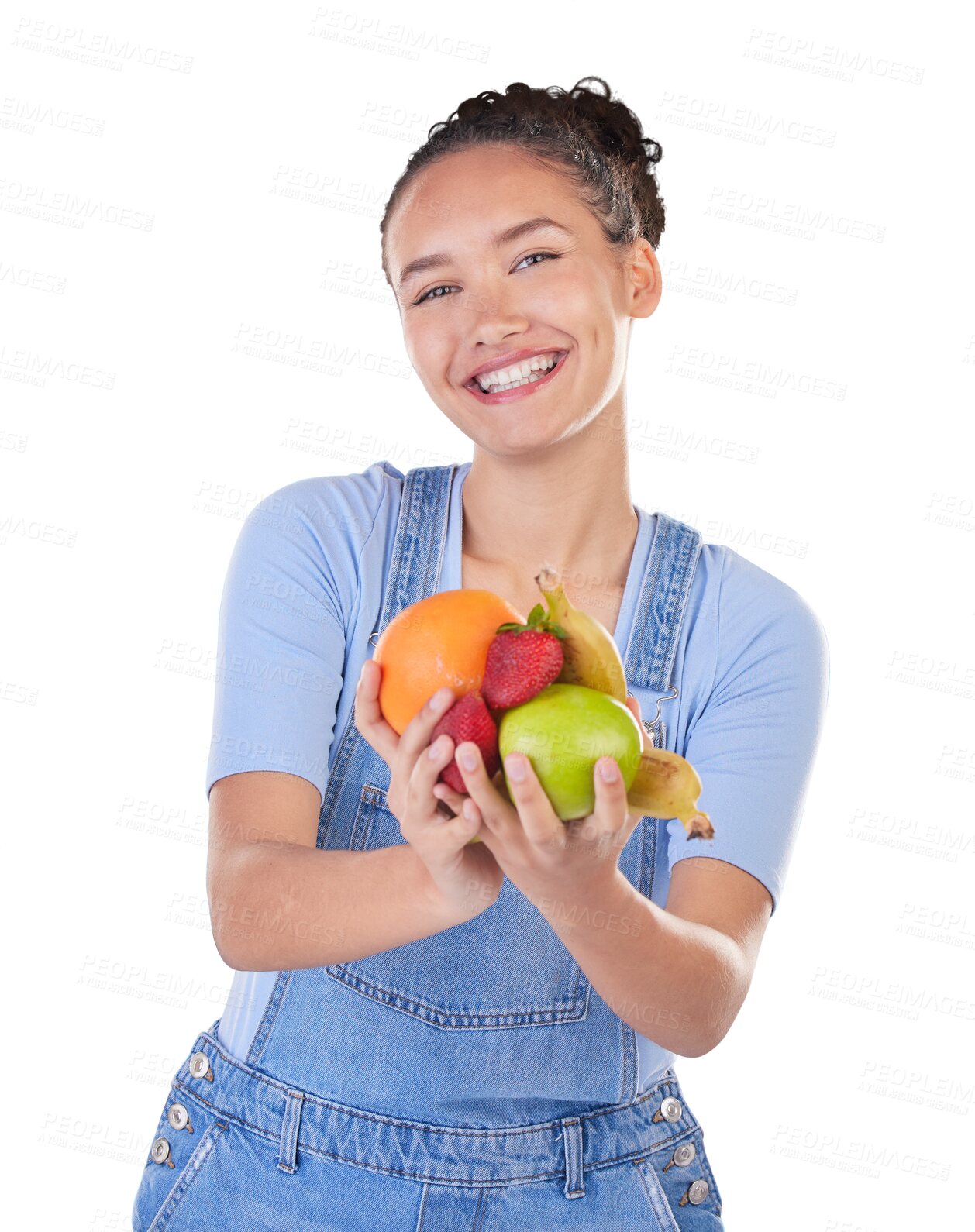 Buy stock photo Happy woman, portrait and fruit for natural nutrition, vitamin C or diet isolated on a transparent PNG background. Excited female person smile for lose weight or healthy wellness holding organic food