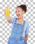 Happy woman, portrait and juice for vitamin C, diet or healthy drink against a blue studio background. Female person or model with denim fashion holding glass with organic fruit blend or breakfast