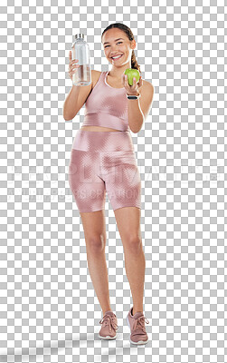 Portrait, happy woman and fitness with apple, drinking water and studio for diet, healthy food and detox wellness. Female sports model, hydration or fruit nutrition to lose weight on white background