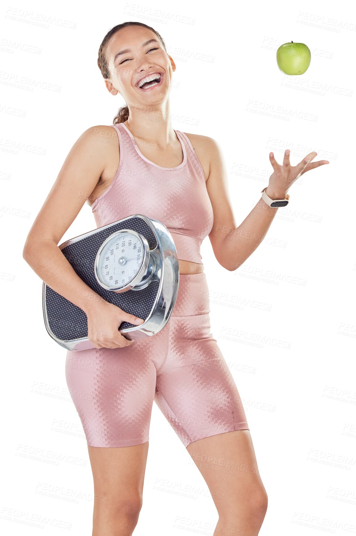 Buy stock photo Woman, apple and scale to lose weight for diet and fitness goals or progress isolated on transparent png background. Portrait and excited person with green fruit, healthy food and nutrition benefits