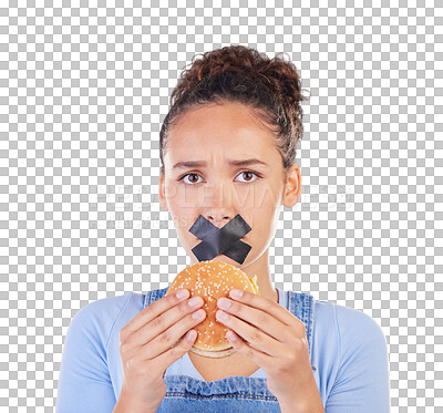 Buy stock photo Tape, mouth and portrait of woman with a burger, fast food and diet control or choice on transparent, isolated or png background. Sad, face and girl with hamburger, sealed lips and decision in hands