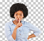 Privacy, secret and finger on lips of black woman in studio for mystery, gossip and announcement. Noise, news and whisper with female and shush gesture on yellow background for rumor, drama or silent